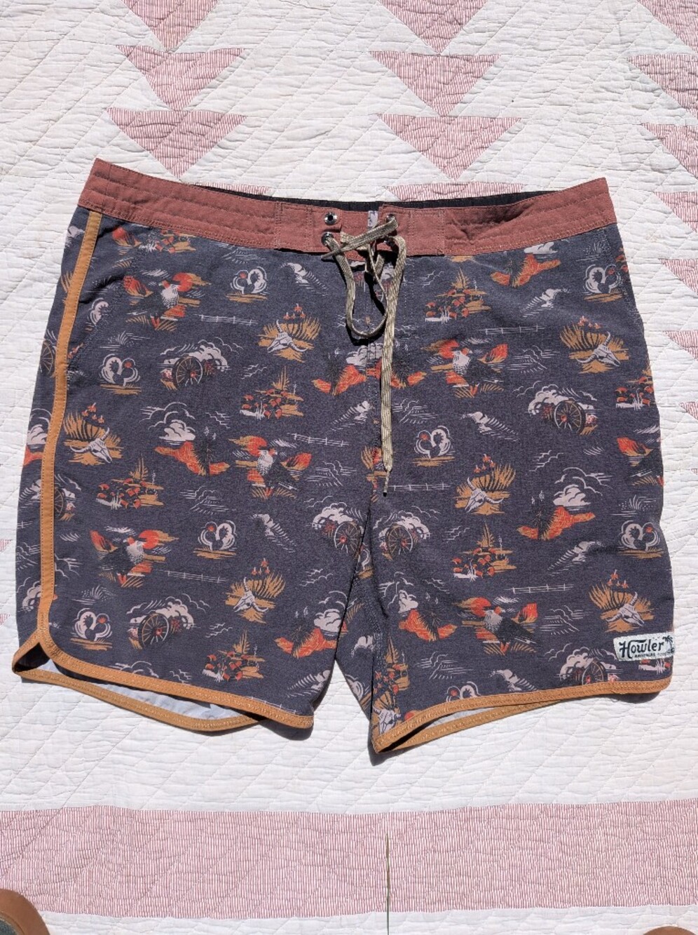 Howler Brothers Men's Charcoal Swim Board Shorts with Rust and Tan Accents